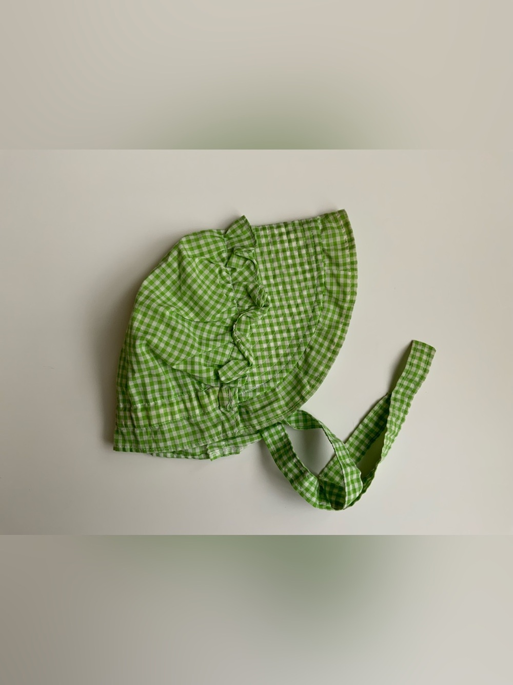 Vintage 70s Green Gingham Kids Bonnet